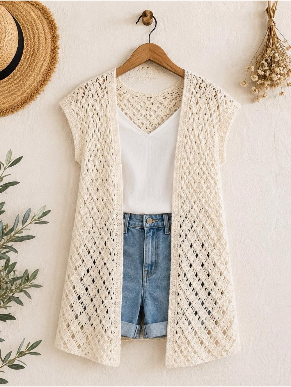 Ready for summer? Discover the Crochet Open-Front Duster Vest in Cream Tan.